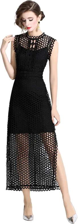 LAI MENG FIVE CATS Women's Summer Lace Eyelet Sleeveless Split Midi Dress with Slip Cami Dress