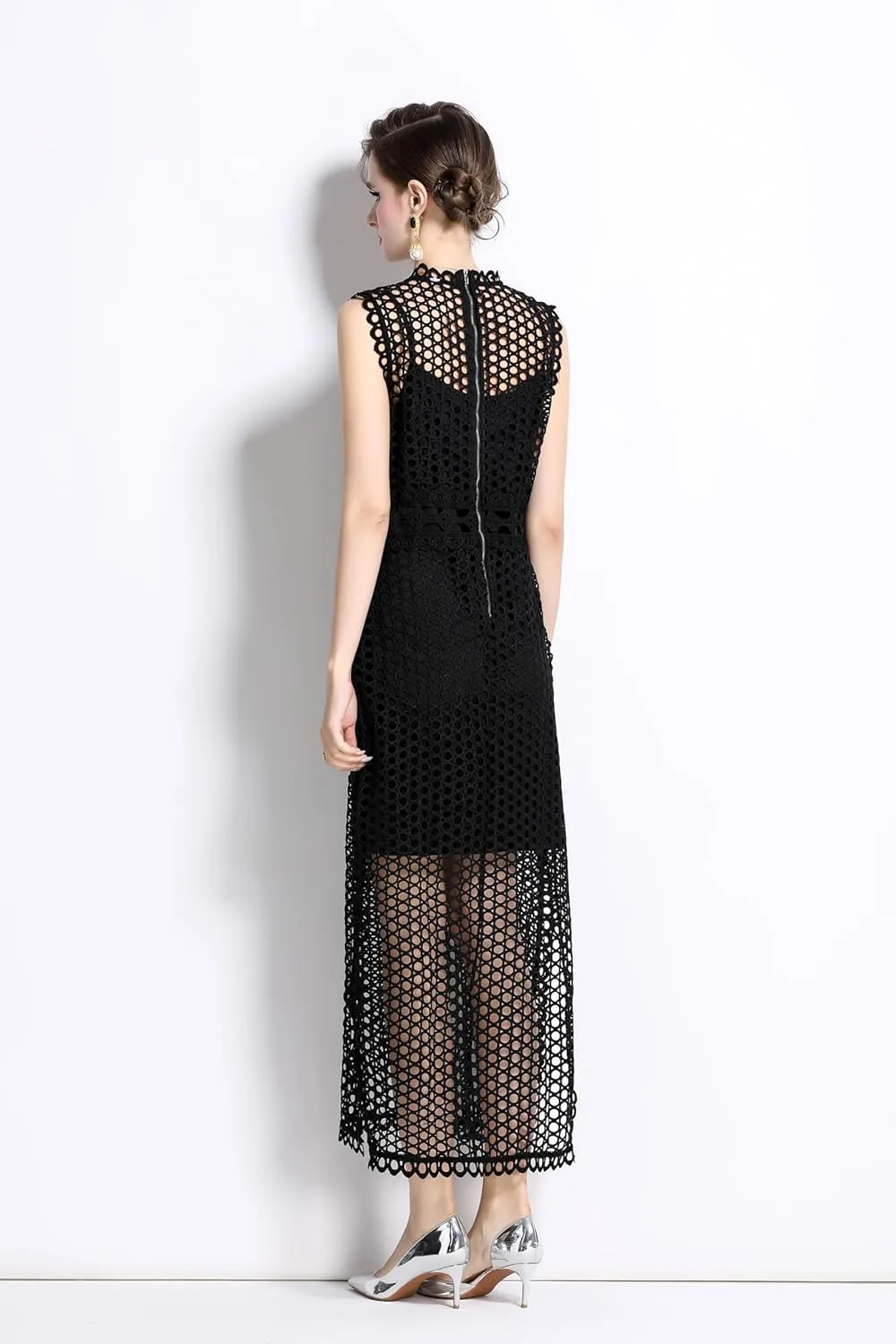 LAI MENG FIVE CATS Women's Summer Lace Eyelet Sleeveless Split Midi Dress with Slip Cami Dress