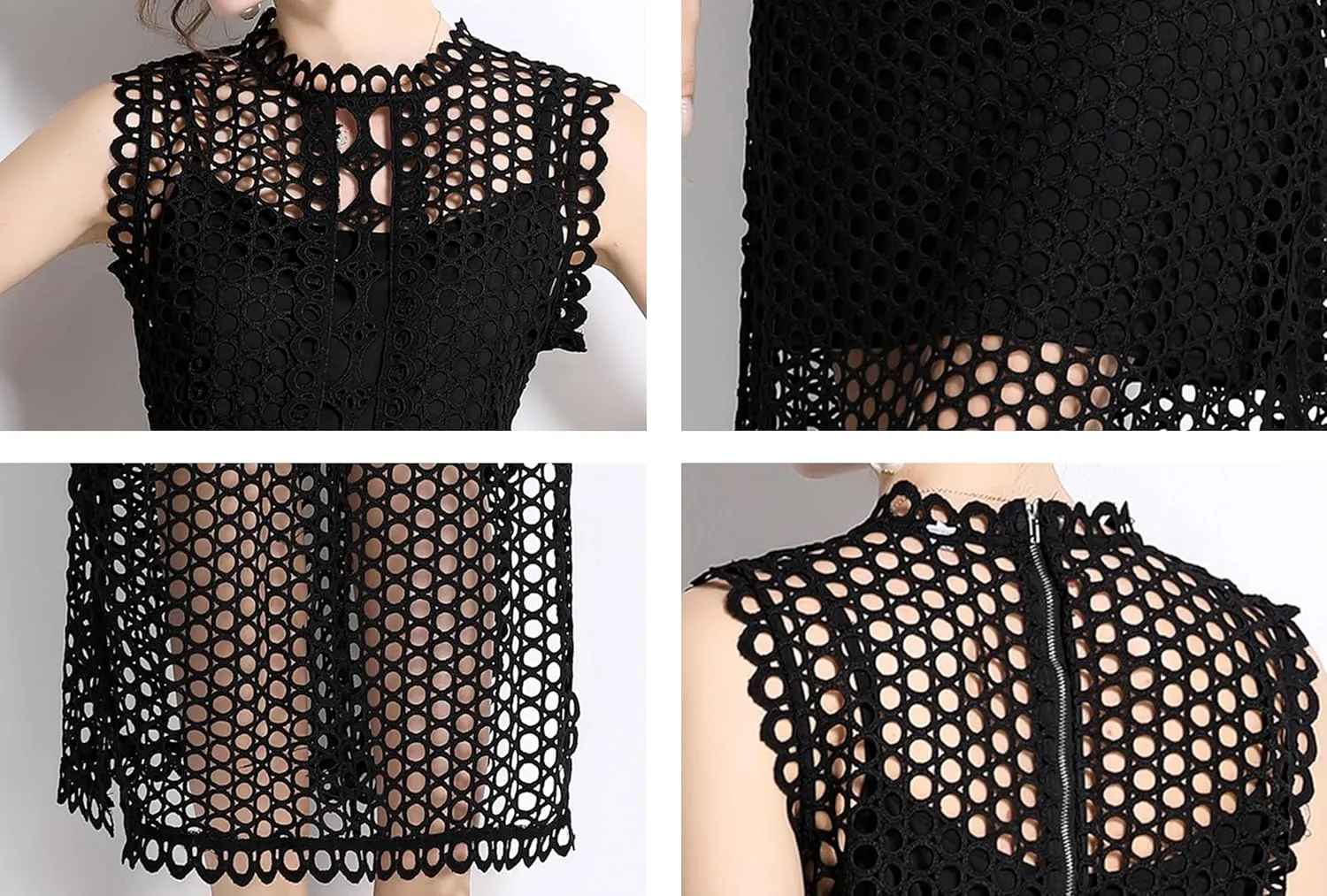 LAI MENG FIVE CATS Women's Summer Lace Eyelet Sleeveless Split Midi Dress with Slip Cami Dress
