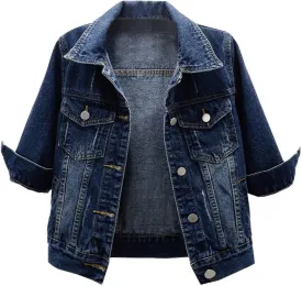 LifeShe Women's 3/4 Sleeve Short Denim Jacket Light Cropped Jean Jackets Coats