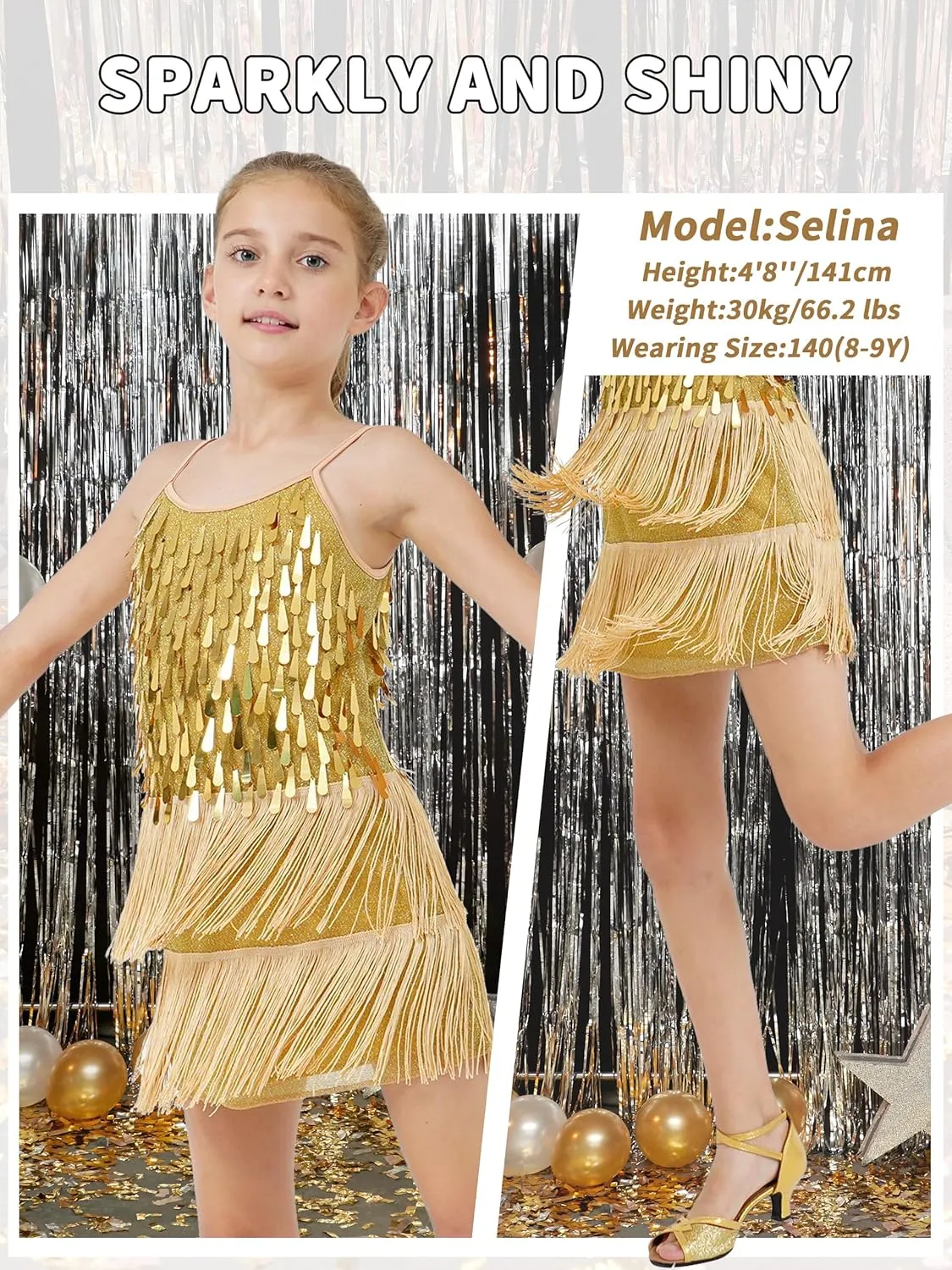 LOLANTA 2Pcs Girls Sequin Fringe Dress, Salsa Cha Cha Tassel Latin Dance Dress & Shorts, Adjustable Spaghetti Strap 5-13 Yrs