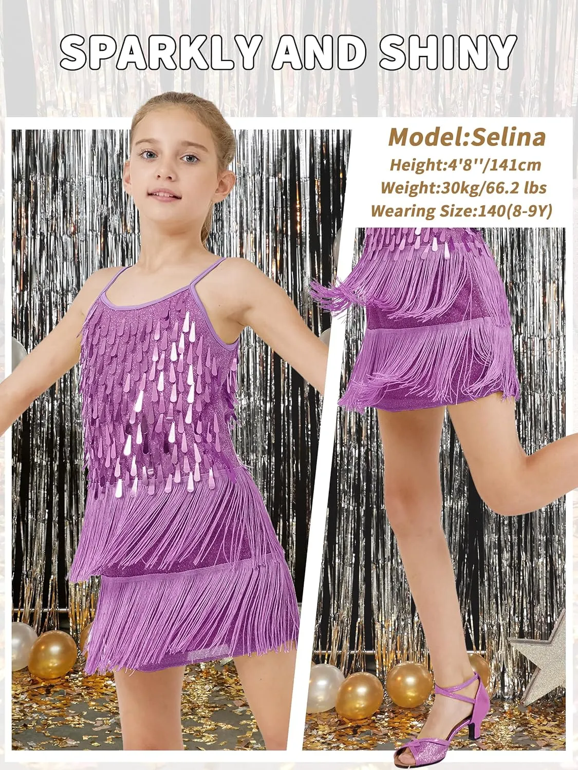 LOLANTA 2Pcs Girls Sequin Fringe Dress, Salsa Cha Cha Tassel Latin Dance Dress & Shorts, Adjustable Spaghetti Strap 5-13 Yrs