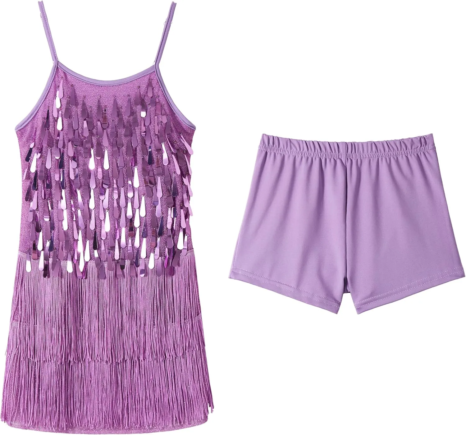 LOLANTA 2Pcs Girls Sequin Fringe Dress, Salsa Cha Cha Tassel Latin Dance Dress & Shorts, Adjustable Spaghetti Strap 5-13 Yrs