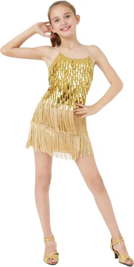 LOLANTA 2Pcs Girls Sequin Fringe Dress, Salsa Cha Cha Tassel Latin Dance Dress & Shorts, Adjustable Spaghetti Strap 5-13 Yrs