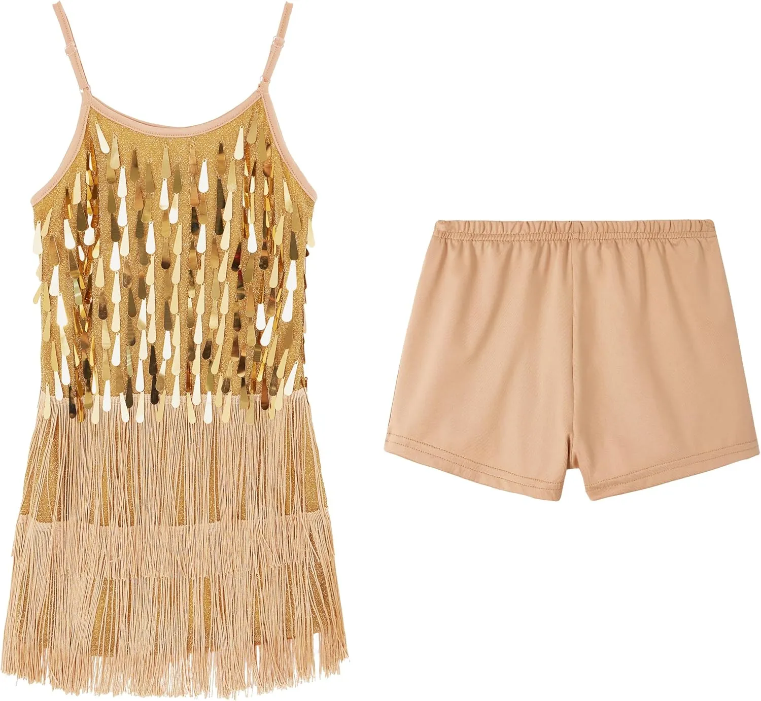 LOLANTA 2Pcs Girls Sequin Fringe Dress, Salsa Cha Cha Tassel Latin Dance Dress & Shorts, Adjustable Spaghetti Strap 5-13 Yrs