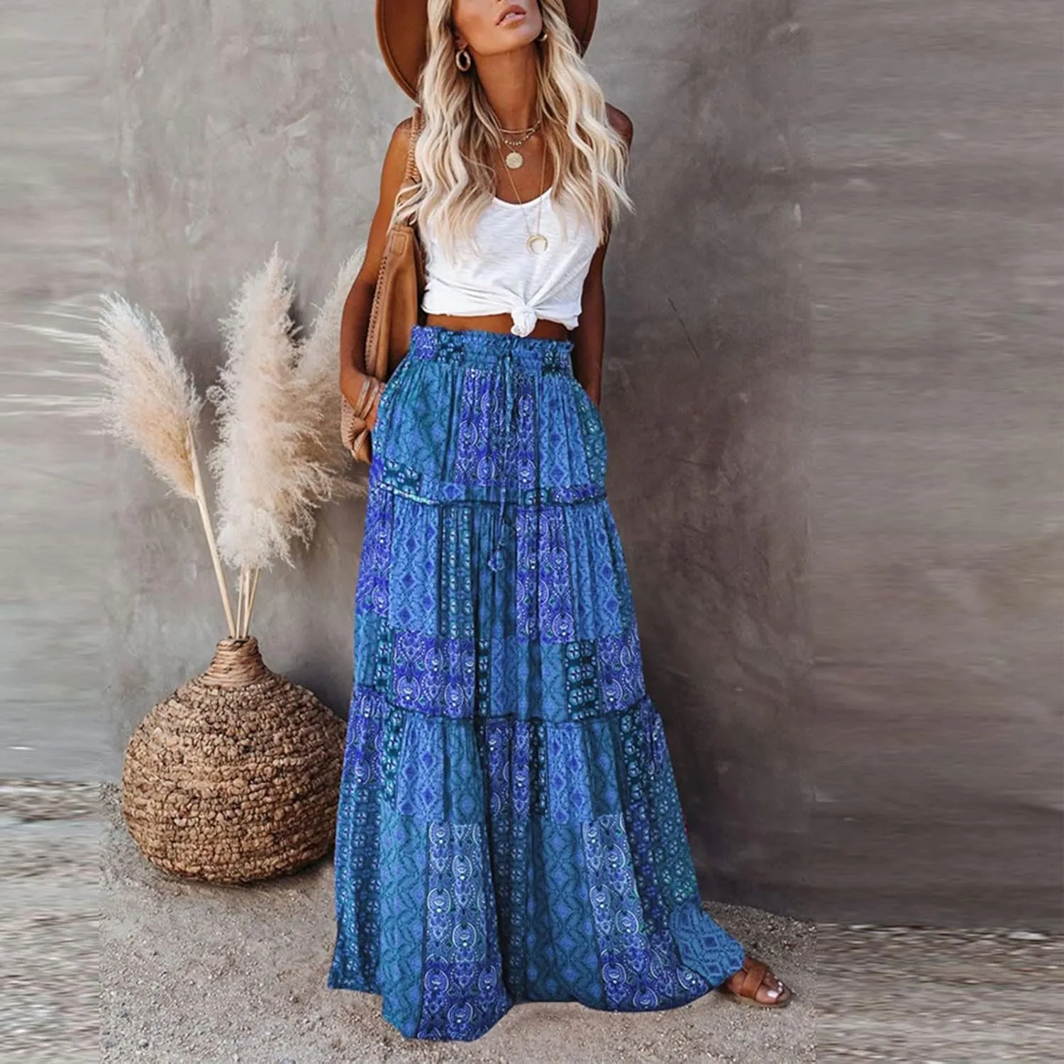 Long Skirts for Women Summer Floral High Waisted Casual A Line Skirt Pleated Beach Flowy Boho Maxi Skirt with Pockets