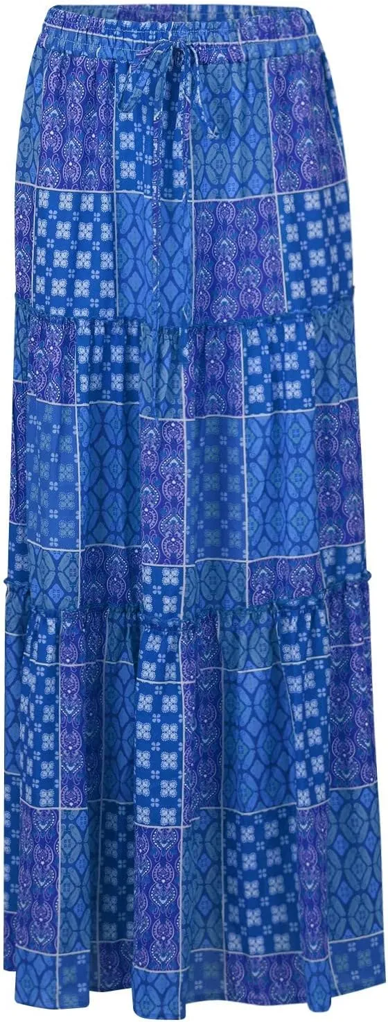 Long Skirts for Women Summer Floral High Waisted Casual A Line Skirt Pleated Beach Flowy Boho Maxi Skirt with Pockets