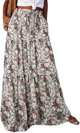 Long Skirts for Women Summer Floral High Waisted Casual A Line Skirt Pleated Beach Flowy Boho Maxi Skirt with Pockets