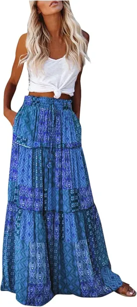 Long Skirts for Women Summer Floral High Waisted Casual A Line Skirt Pleated Beach Flowy Boho Maxi Skirt with Pockets