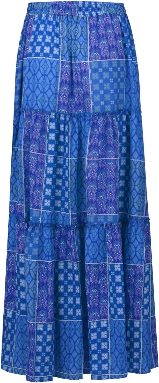 Long Skirts for Women Summer Floral High Waisted Casual A Line Skirt Pleated Beach Flowy Boho Maxi Skirt with Pockets