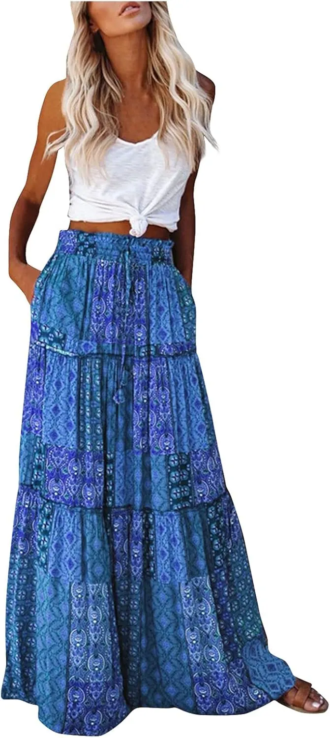 Long Skirts for Women Summer Floral High Waisted Casual A Line Skirt Pleated Beach Flowy Boho Maxi Skirt with Pockets