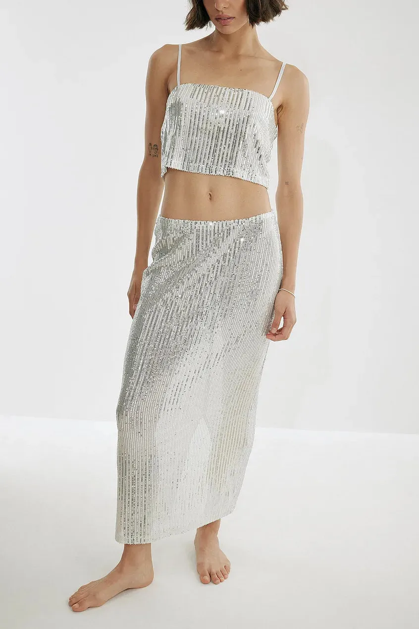 LONG SLIT SILVER SEQUIN SKIRT
