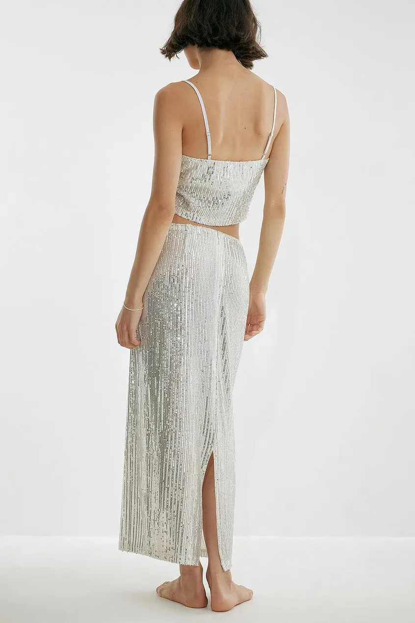 LONG SLIT SILVER SEQUIN SKIRT