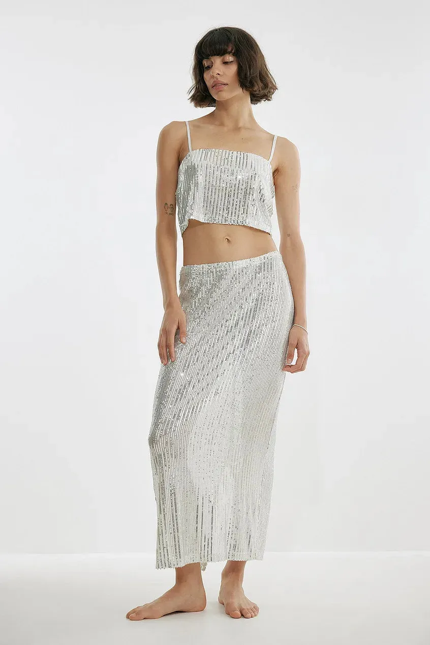 LONG SLIT SILVER SEQUIN SKIRT