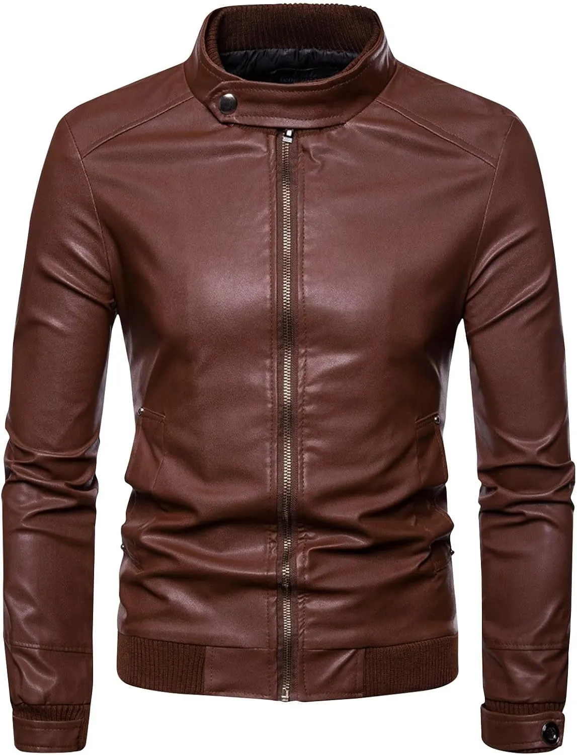 Men's Classic Zip Up Bomber Faux Leather Jackets Stand Collar Motorcycle Jacket Casual Lightweight Windbreaker Coats