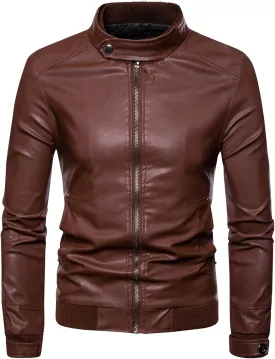 Men's Classic Zip Up Bomber Faux Leather Jackets Stand Collar Motorcycle Jacket Casual Lightweight Windbreaker Coats
