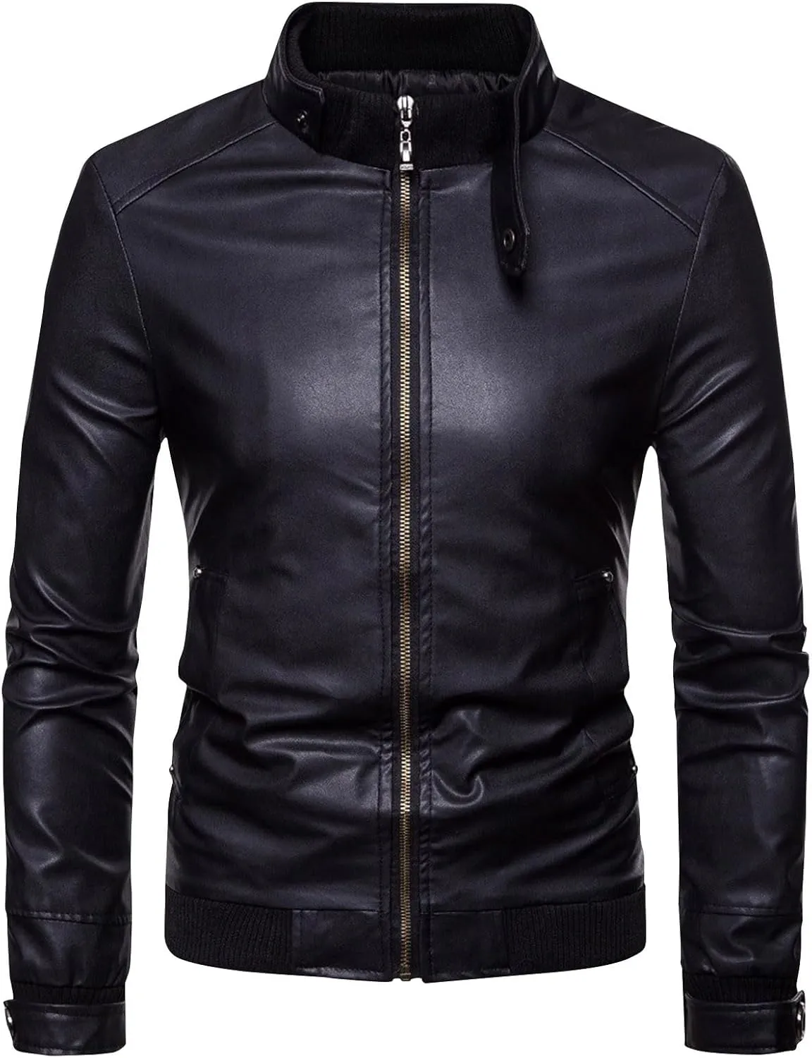 Men's Classic Zip Up Bomber Faux Leather Jackets Stand Collar Motorcycle Jacket Casual Lightweight Windbreaker Coats
