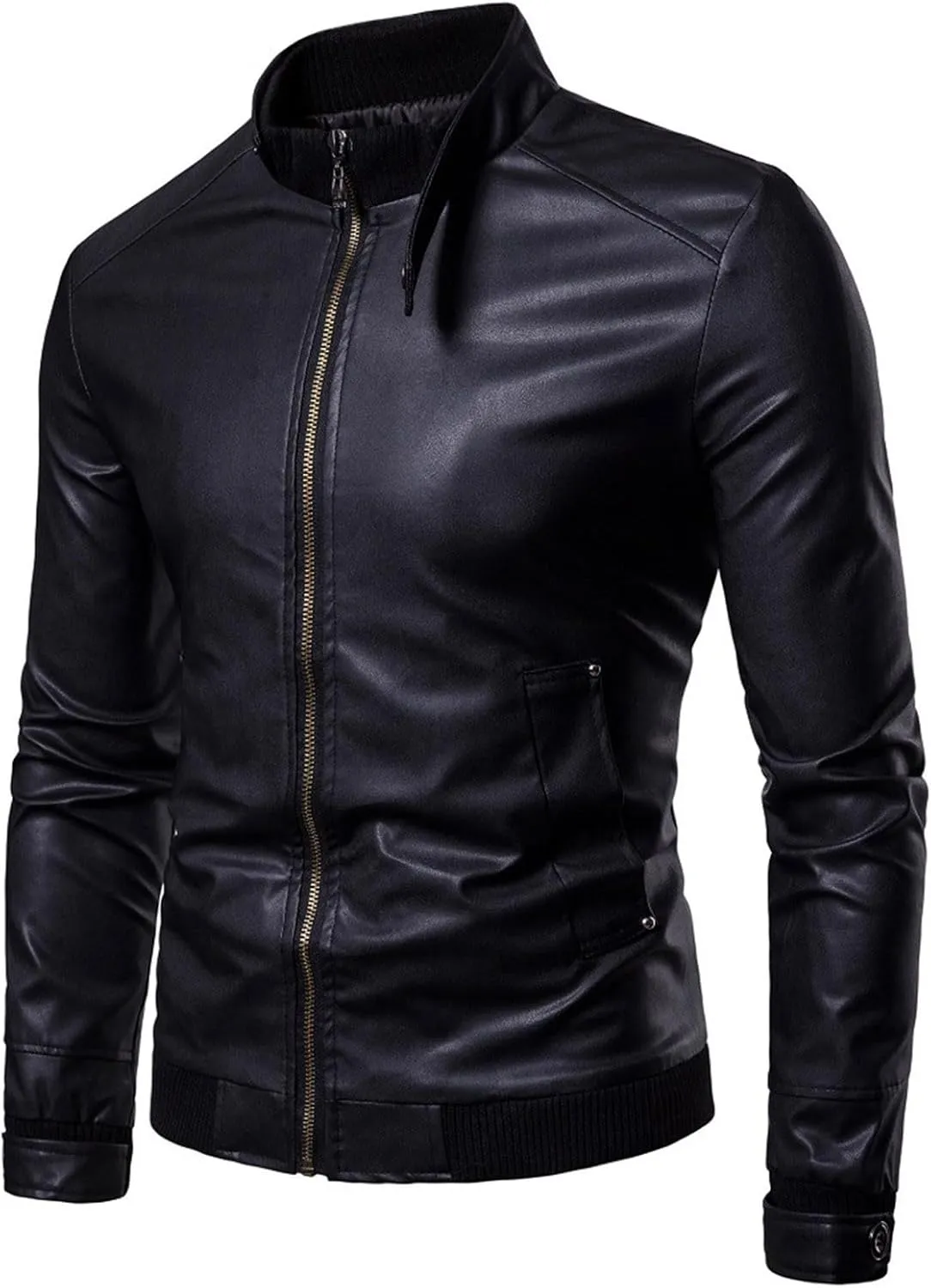Men's Classic Zip Up Bomber Faux Leather Jackets Stand Collar Motorcycle Jacket Casual Lightweight Windbreaker Coats