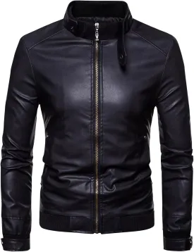 Men's Classic Zip Up Bomber Faux Leather Jackets Stand Collar Motorcycle Jacket Casual Lightweight Windbreaker Coats
