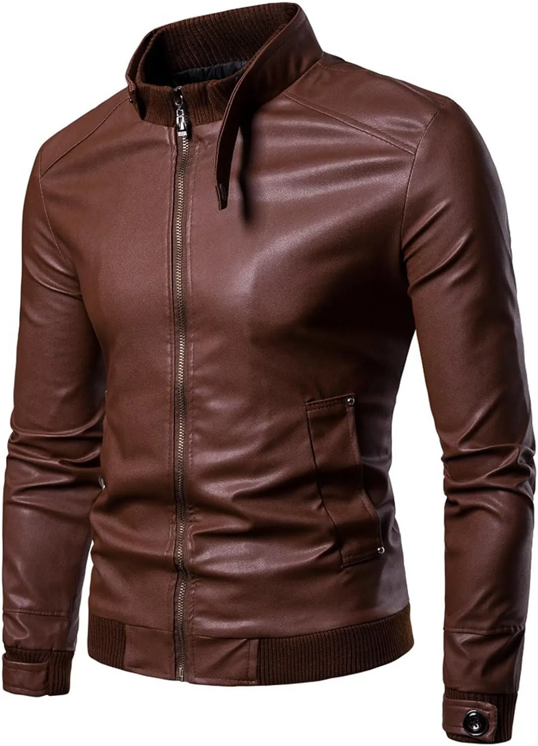 Men's Classic Zip Up Bomber Faux Leather Jackets Stand Collar Motorcycle Jacket Casual Lightweight Windbreaker Coats