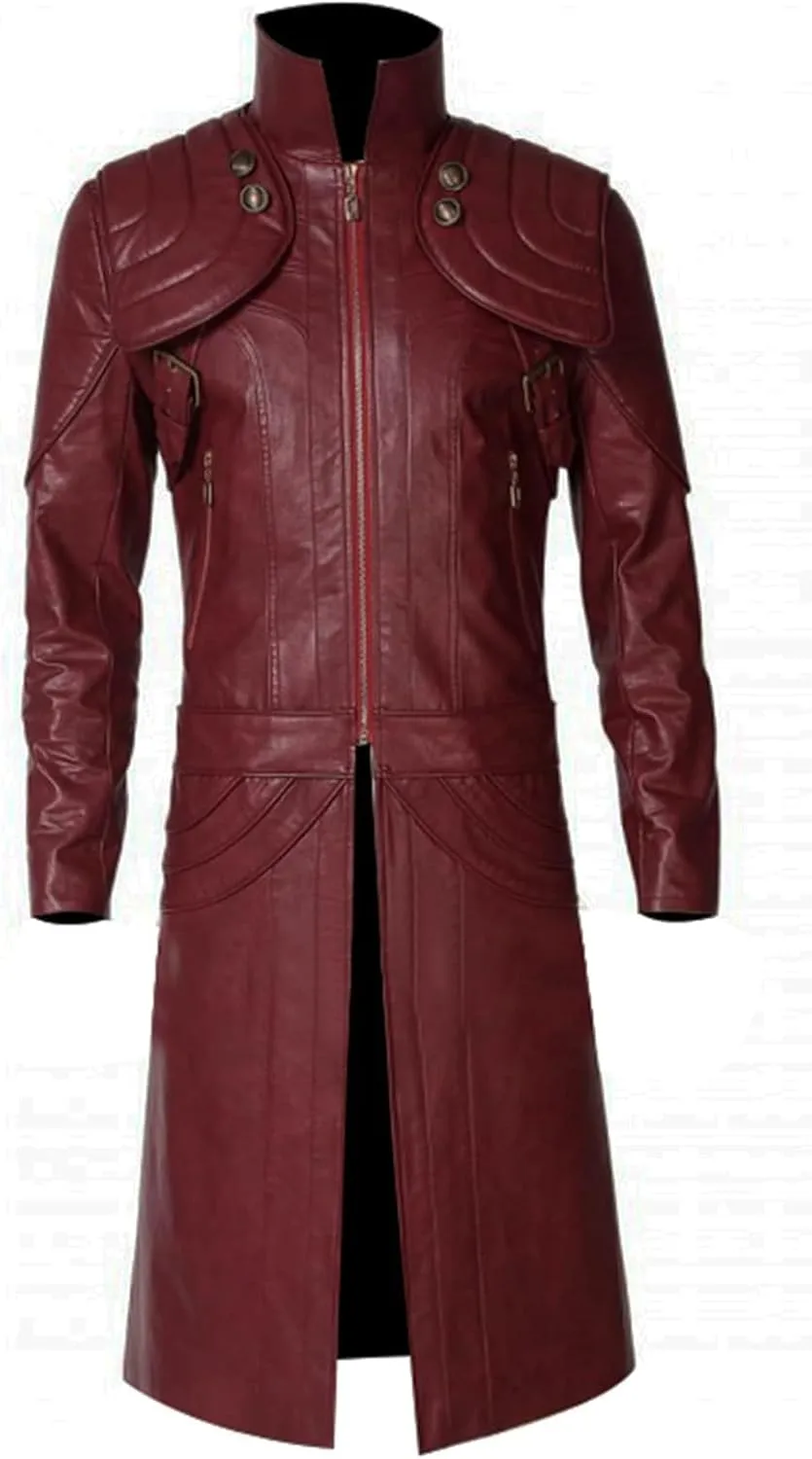Men's Gaming Cosplay Maroon Long Leather Trench Coat Men Full Length Halloween Costume
