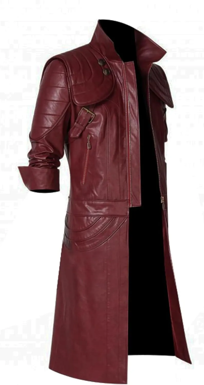 Men's Gaming Cosplay Maroon Long Leather Trench Coat Men Full Length Halloween Costume