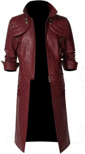 Men's Gaming Cosplay Maroon Long Leather Trench Coat Men Full Length Halloween Costume