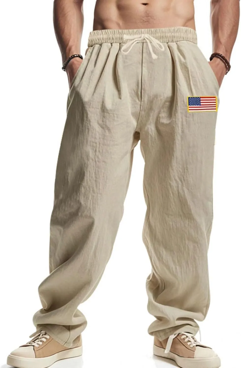 Mens Linen Pants USA Flag Fashion Vintage Loose Fit Wide Legs Trousers Drawstring Waisted Yoga Pants with Pockets