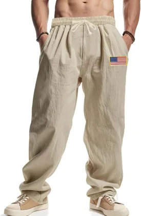 Mens Linen Pants USA Flag Fashion Vintage Loose Fit Wide Legs Trousers Drawstring Waisted Yoga Pants with Pockets