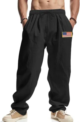 Mens Linen Pants USA Flag Fashion Vintage Loose Fit Wide Legs Trousers Drawstring Waisted Yoga Pants with Pockets