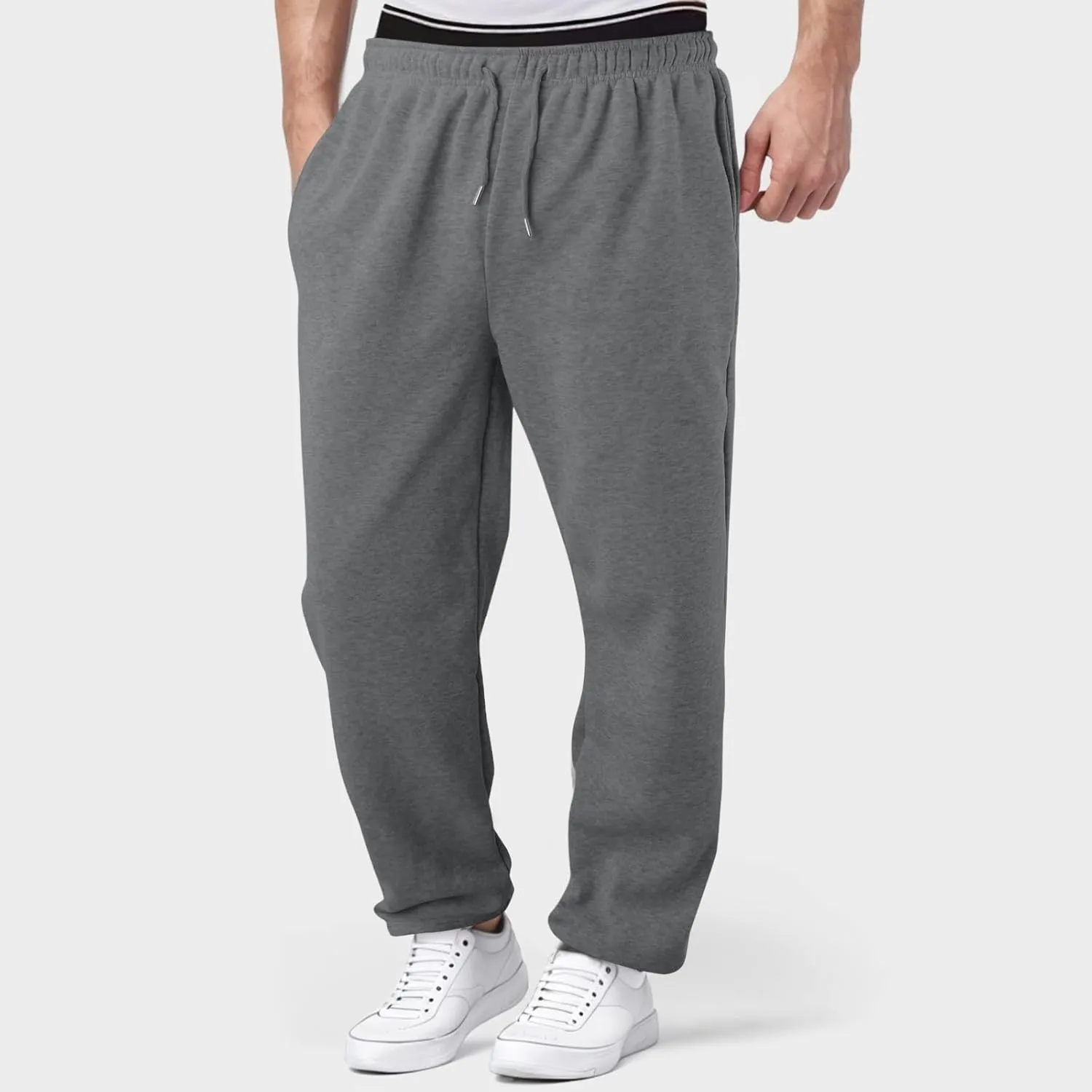 Mens Sweatpants Baggy Straight Wide Leg Open Bottom Casual Pants Elastic Waist Workout Athletic Joggers Pockets Sweat Pants