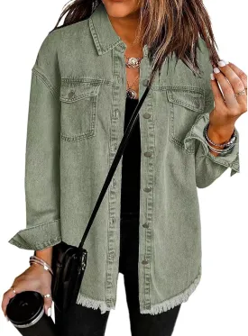 Mmoneyake Oversized Jean Jacket for Women Button Down Long Sleeve Shirt Shacket Boyfriend Denim Jacket Coats with Frayed Hem