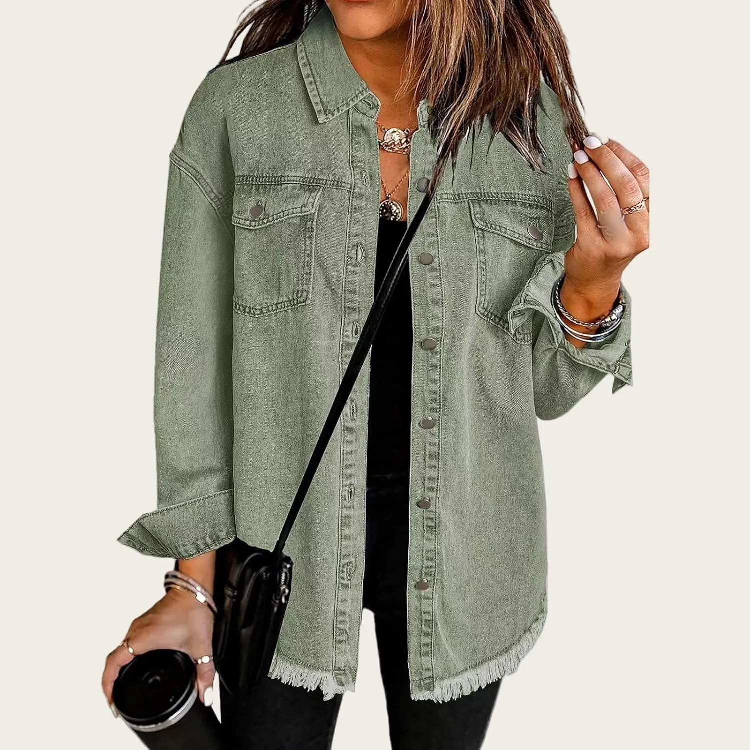Mmoneyake Oversized Jean Jacket for Women Button Down Long Sleeve Shirt Shacket Boyfriend Denim Jacket Coats with Frayed Hem