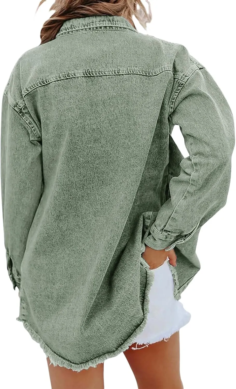 Mmoneyake Oversized Jean Jacket for Women Button Down Long Sleeve Shirt Shacket Boyfriend Denim Jacket Coats with Frayed Hem