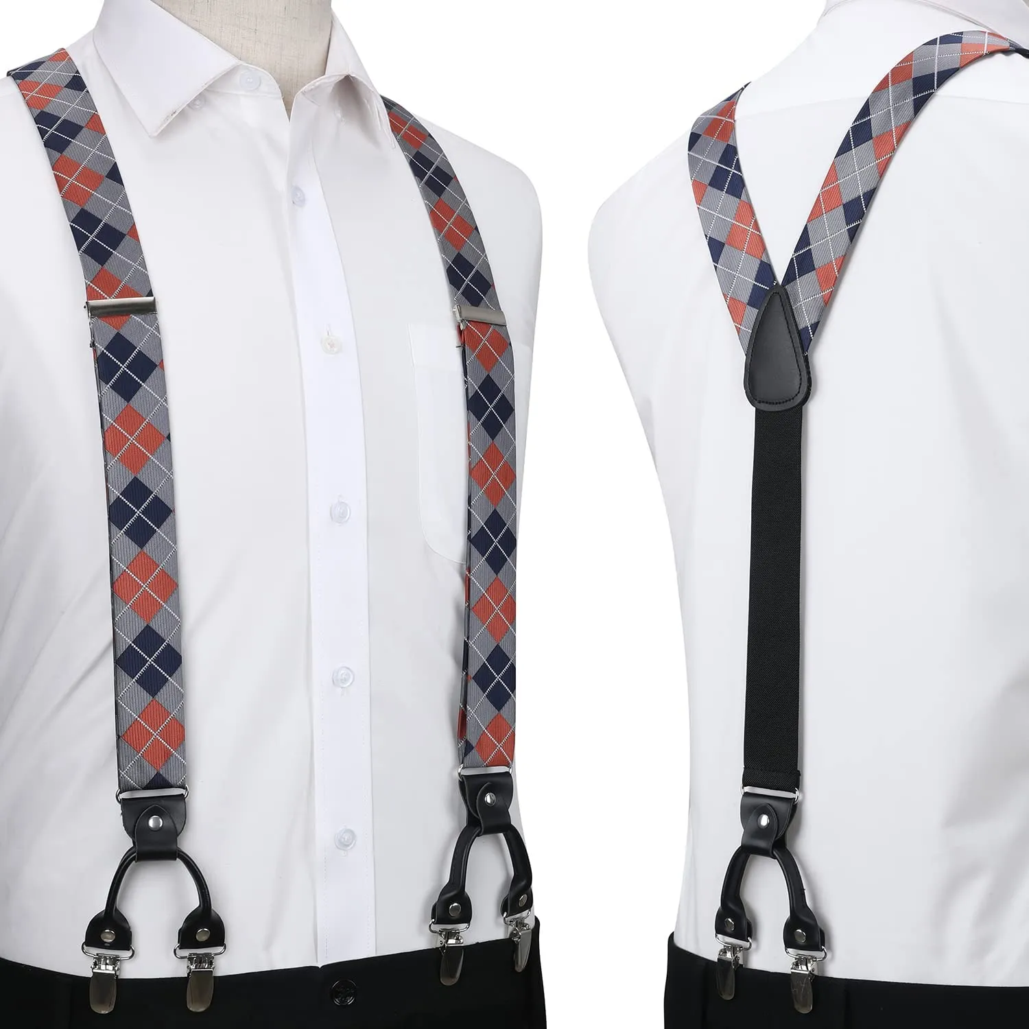 Plaid Suspender Bow Tie Handkerchief - ORANGE/SILVER