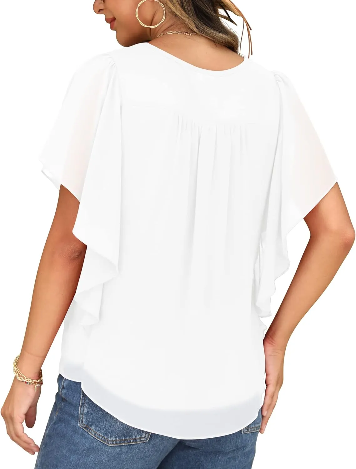 QIXING Summer Casual Loose Round Neck Chiffon Flowy Tops Blouses for Women