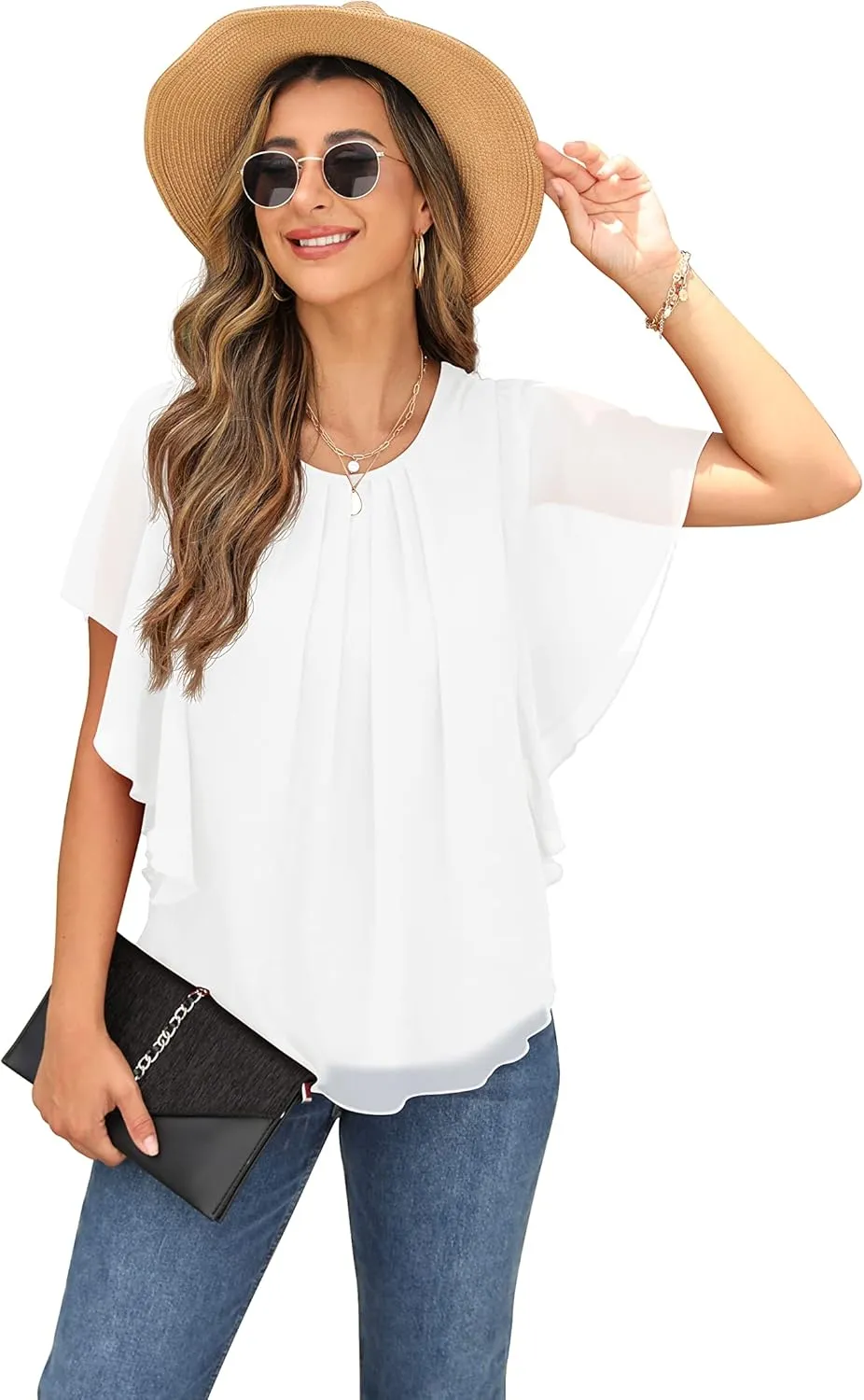 QIXING Summer Casual Loose Round Neck Chiffon Flowy Tops Blouses for Women