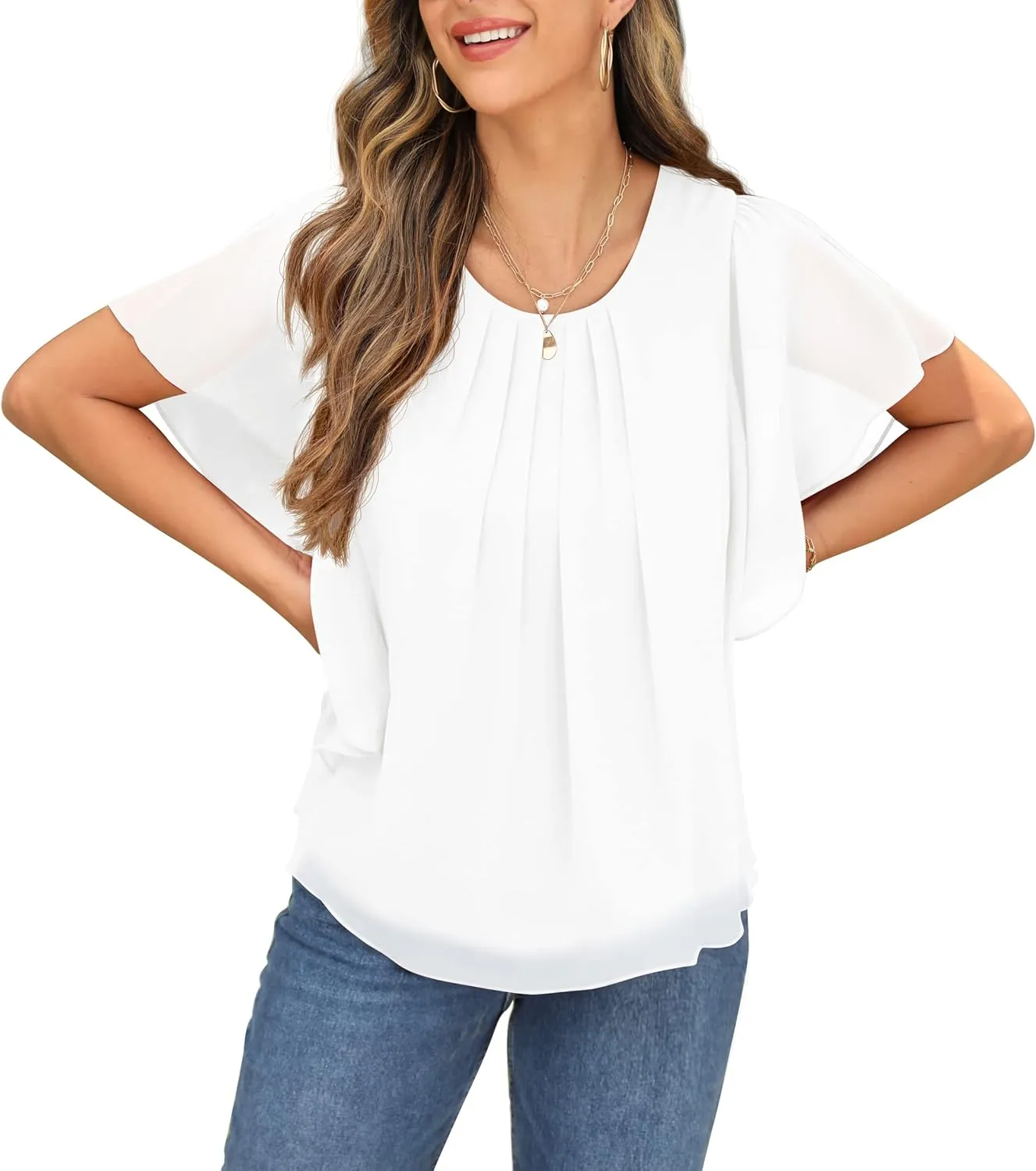 QIXING Summer Casual Loose Round Neck Chiffon Flowy Tops Blouses for Women
