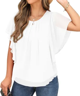 QIXING Summer Casual Loose Round Neck Chiffon Flowy Tops Blouses for Women