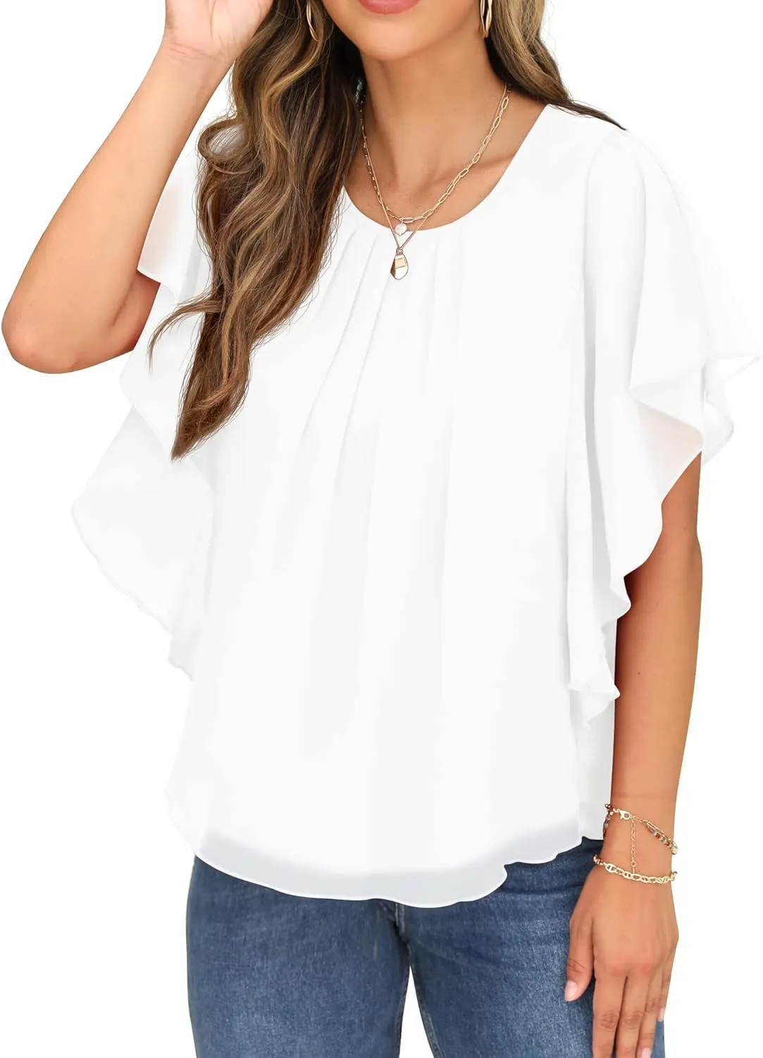 QIXING Summer Casual Loose Round Neck Chiffon Flowy Tops Blouses for Women