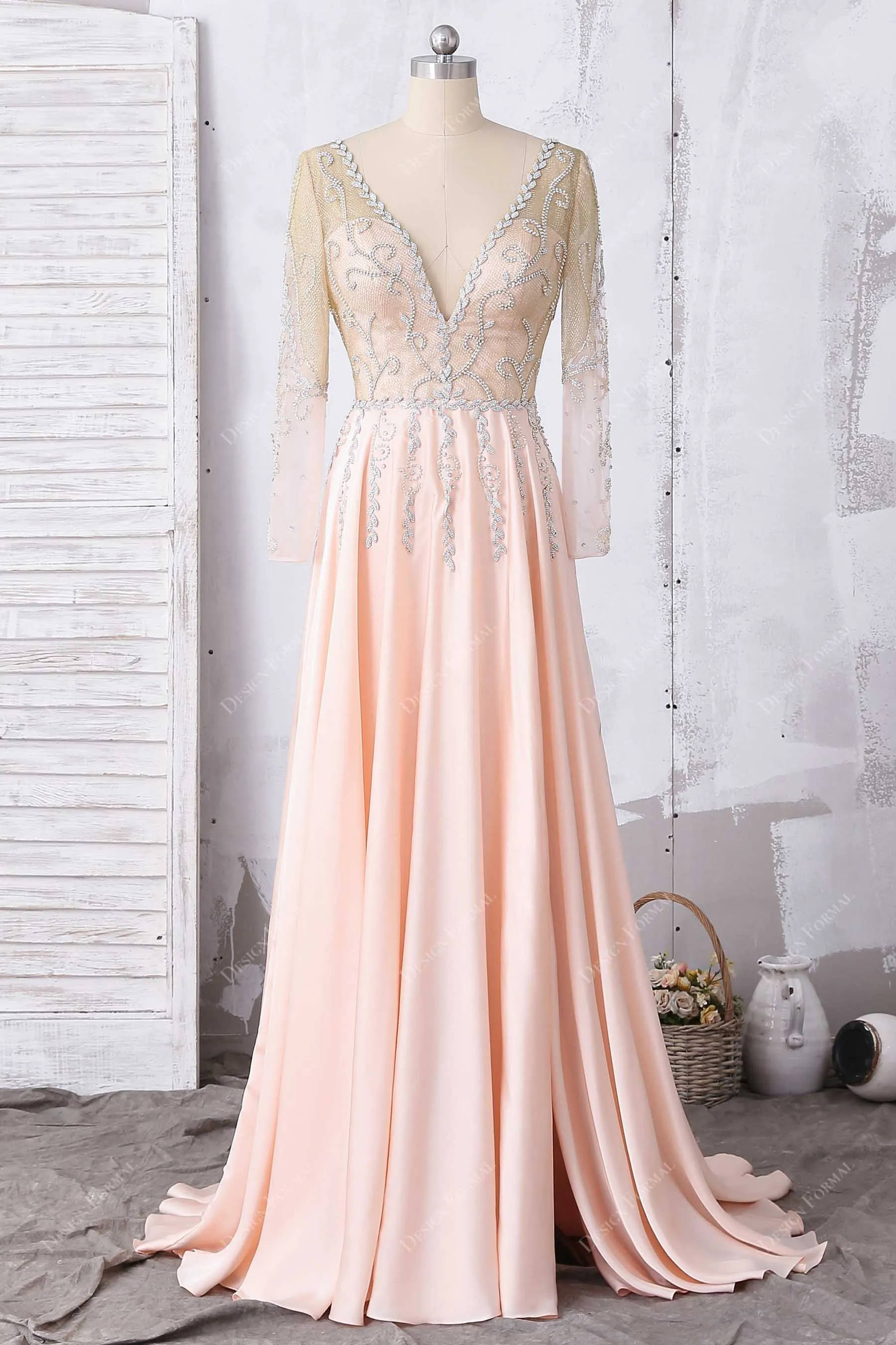 Rhinestoned Gold Metallic Pink A-line Prom Dress