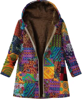 RMXEi Ladies Long Sleeve Zipper Hooded Thick Composite Plush Vintage Flower Print Plus Size Hooded Jacket
