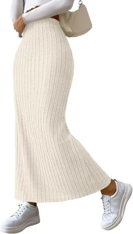 Rooscier Women's Side Slit Ribbed Knit Bodycon High Waisted Casual Long Skirts