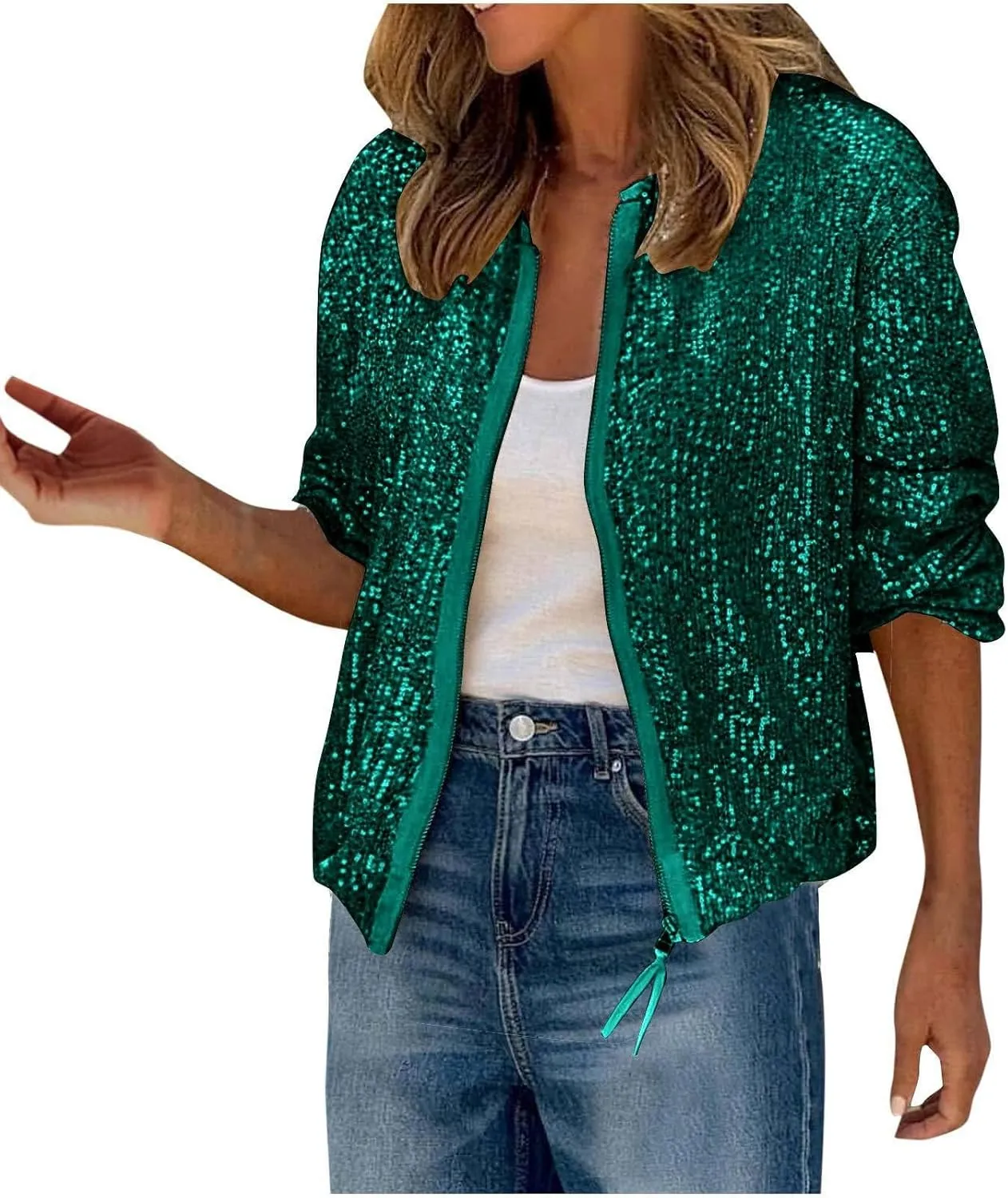Sequin Jackets for Women Casual Sparkly Zip Up Bomber Jacket Dressy Glitter Loose Coat Outerwear Blazer Party Outfit