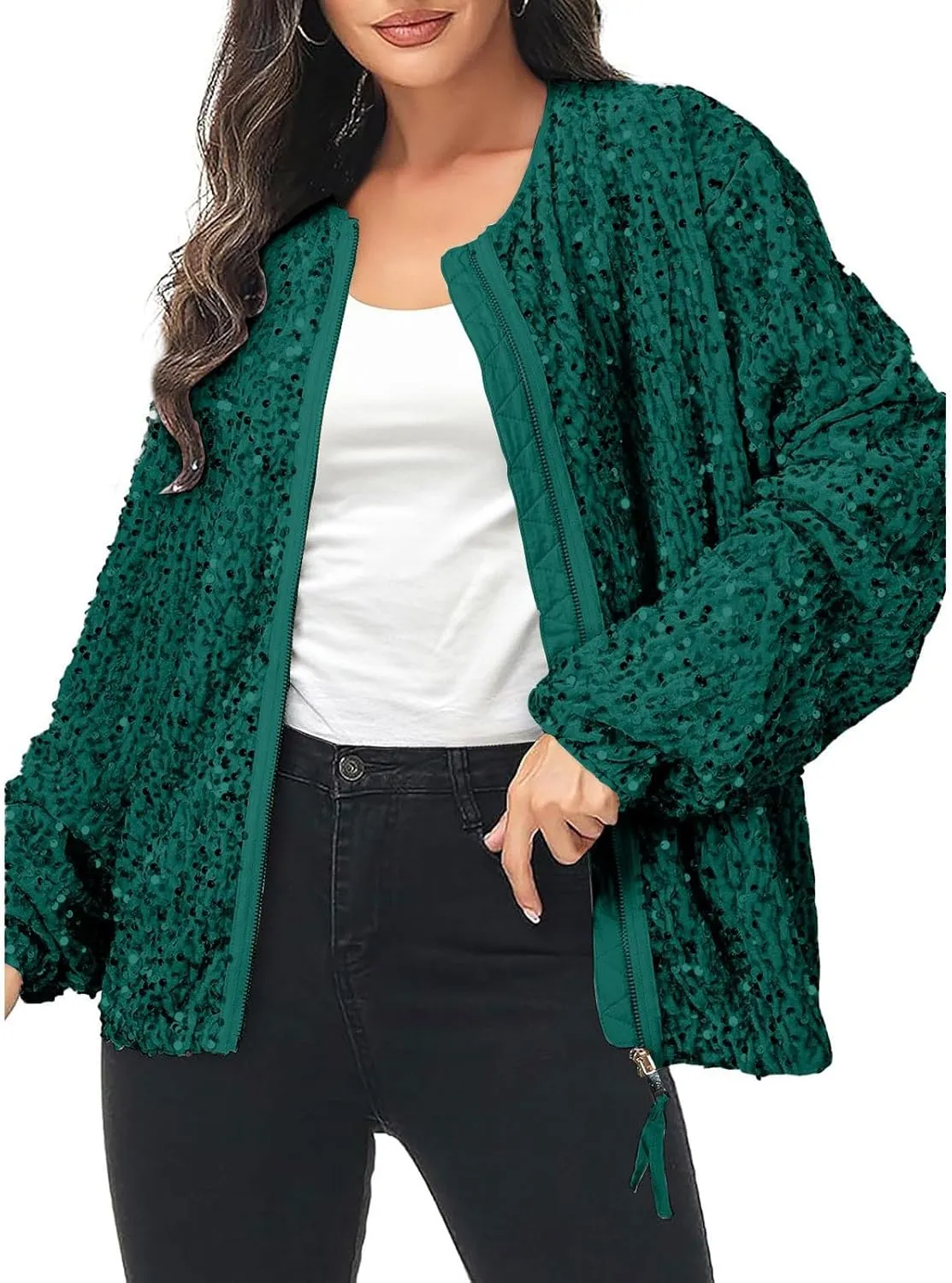 Sequin Jackets for Women Casual Sparkly Zip Up Bomber Jacket Dressy Glitter Loose Coat Outerwear Blazer Party Outfit