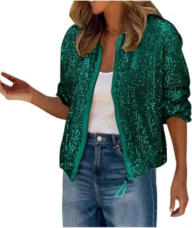 Sequin Jackets for Women Casual Sparkly Zip Up Bomber Jacket Dressy Glitter Loose Coat Outerwear Blazer Party Outfit