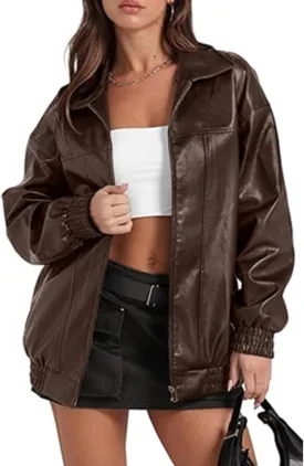 Sexyshine Women's Oversized Faux Leather Jacket Lapel Collar Zip Up Long Sleeve PU Leather Coat Motorcycle Bomber Overcoat