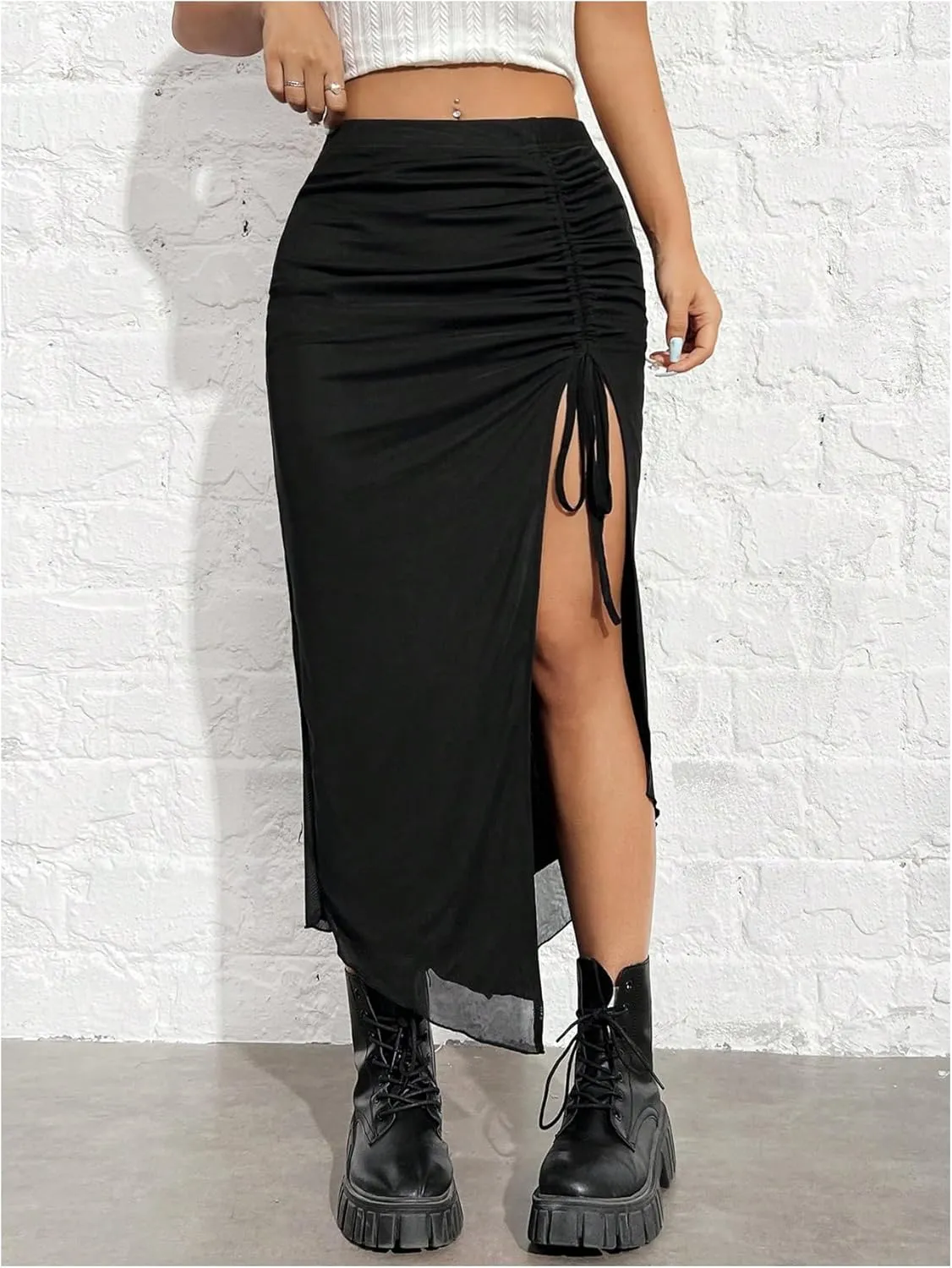 SHENHE Women's Sexy High Slit Skirt Drawstring Ruched Split Thigh Bodycon Long Skirt