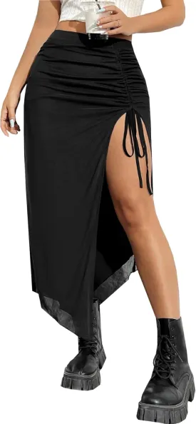 SHENHE Women's Sexy High Slit Skirt Drawstring Ruched Split Thigh Bodycon Long Skirt