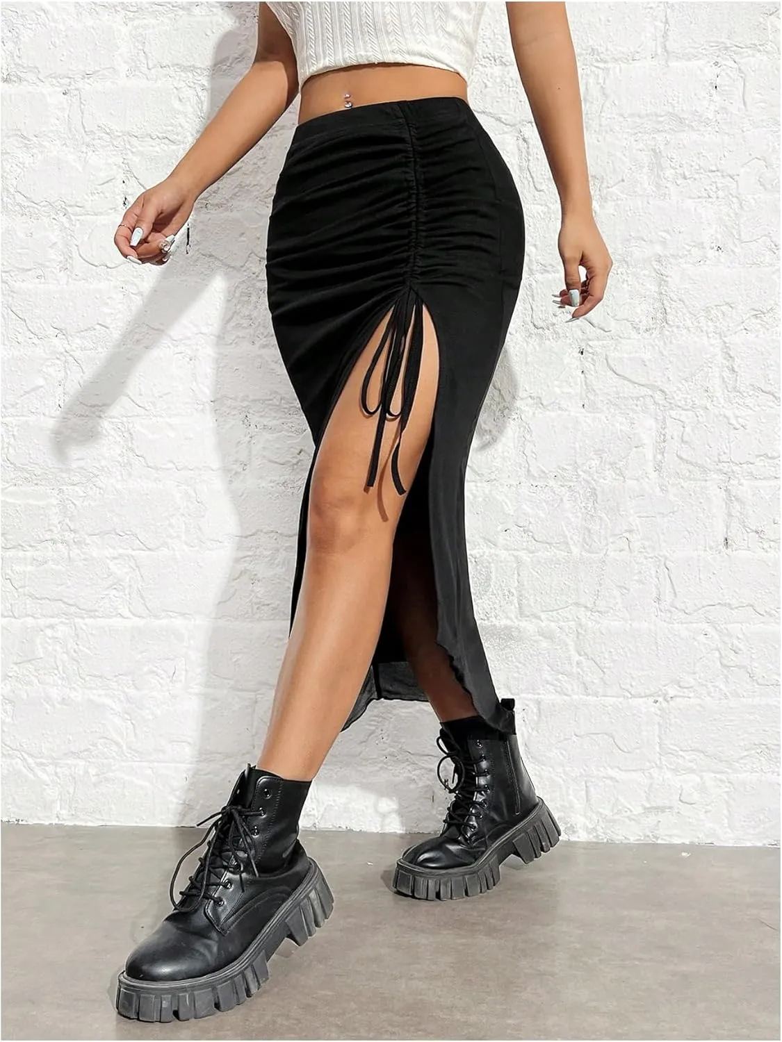 SHENHE Women's Sexy High Slit Skirt Drawstring Ruched Split Thigh Bodycon Long Skirt